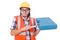 Funny young construction worker with toolbox and