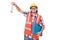 Funny young construction worker with toolbox and