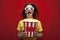 Funny young girl shocked in 3D glasses watching a movie and eating popcorn on a red colored background, she screams and popcorn