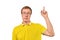 Funny young guy in corrective glasses and yellow T-shirt with eureka gesture, man got idea isolated