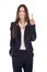 Funny young isolated businesswoman in suit showing something wit