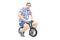 Funny young man riding a small bike