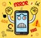 Funy cellphone with warning virus alert concept. Crazy mobile. Cartoon scared smart phone