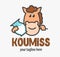 Funy koumiss logo. Cute funny smiling cartoon horse with milk. Traditional Kazakh drink sign