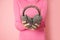 Fur Ear muff in woman hand, female personal accessories, unrecognizable person, pink background. Headwear