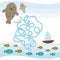 Fur seal Fish and Boat on blue background labyrinth game for Preschool Children. Vector