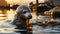 A fur seal peeks out of polluted waters, surrounded by floating garbage