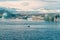 Fur seal swims among glaciers in winter in Iceland. Breathtaking natural landscape