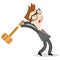 Furious caucasian businessman screaming and swinging a sledgehammer