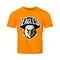 Furious eagle head athletic club vector logo concept isolated on orange t-shirt mockup.