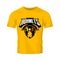 Furious hornet head athletic club vector logo concept isolated on orange t-shirt mockup.