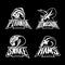 Furious piranha, ram, snake and dinosaur head sport vector logo concept set isolated on black background.