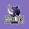 Furious rhino sport vector logo concept on purple background.