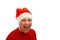 Furious Santa. Man with angry face in Santa Claus hat looks into camera and shouts. Isolated full faced portrait on white