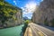 Furlo Pass or Gola del Furlo, road, river and gorge on the ancient Roman road Via Flaminia. Marche Italy