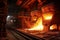 Furnace in a metal foundry pouring out tons of molten metal