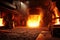 Furnace in a metal foundry pouring out tons of molten metal