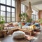Furnished Modern Living room, bohemian inspired interior design