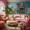 Furnished Modern Living room, bright blue and pink color palette, interior design