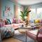 Furnished Modern Living room, bright blue and pink color palette, interior design