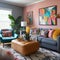 Furnished Modern Living room, bright blue and pink color palette, interior design