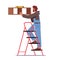 Furniture Assembly Service. Carpenter Worker Character with Tools and Level Assembling Home Furniture Hanging Shelf