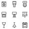 Furniture and decoration icon set include washing machine,bathroom,table lamp,lighting,chandelier,stove