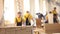 Furniture factory workers in yellow overalls collect furniture, Furniture manufacture,, industrial interior,small depth