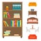 Furniture home decor icon set indoor cabinet interior room library office bookshelf modern restroom silhouette