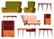 Furniture items in cartoon style. Collection of wooden wardrobe, chair, table, desk and armchair vector illustration isolated on