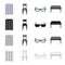 Furniture in the library, filing cabinet, chair, table, glasses for sight. Library set collection icons in cartoon black