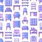 Furniture seamless pattern with thin line icons: dressing table, sofa, armchair, wardrobe, chair, table, bookcase, bed, clothes