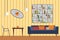 Furniture Set. Flat Vector Illustration for you Interior Design. Elevation with Sofa, Table, Chair, Shelves and Clocks