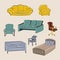 Furniture set. sofas, beds, armchairs, chairs. Furniture store. Classic interior, loft. Isolated vector