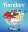 Furniture sofa bookcase desk chair wardrobe and bed on a shopping cart