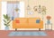 Furniture: sofa, window, table and plants. Living room interior.