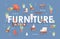 Furniture word flat banner template. Home decoration, chairs, armchairs, furniture store poster concept.