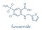 Furosemide diuretic drug molecule. Medically used to treat hypertension. Also used as masking agent in sports doping. Skeletal.