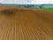 Furrows rows in a plowed field prepared for planting potatoes crops in spring.