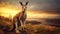 Furry Australian kangaroo sits on hill top looking ahead