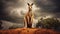 Furry Australian kangaroo sits on hill top looking ahead