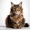 Furry cat with captivating whiskers sits on white surface