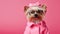 A furry friend in a pink Barbie outfit, looking adorable