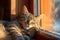 Furry grey tabby cat nestled in a cozy window nook, bathed in warm sunlight.