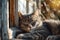 Furry grey tabby cat nestled in a cozy window nook, bathed in warm sunlight.