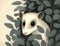 A furry opossum with its big sparkly eyes peeking out from behind a bush. Cute creature. AI generation