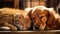 Furry Peace: Golden Retriever and Ginger Cat Enjoying the Warmth of Fall