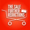 Further reductions poster with a basket. Shopping cart on red background