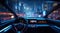 Furutistic car dashboard in the neon city.Synthwave or cyberpunk automobile control panel