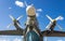 Fuselage airplane  bottom close-up. Against the background of blue sky.